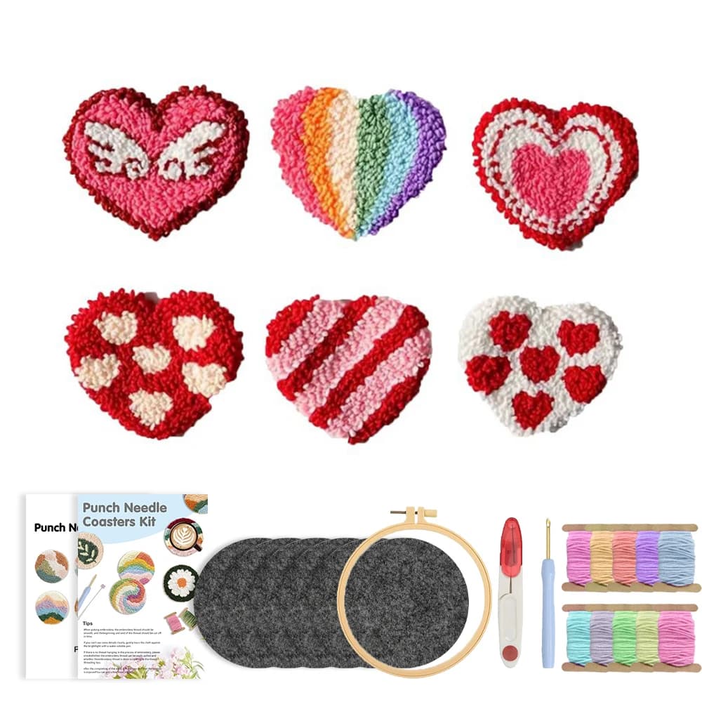 RUOPOTY 6pcs Punch Needle Coaster Pink Heart Punch Needle Kits Create Wall Art Crafts Gift Landscape Needle Punch Kit For Beginn