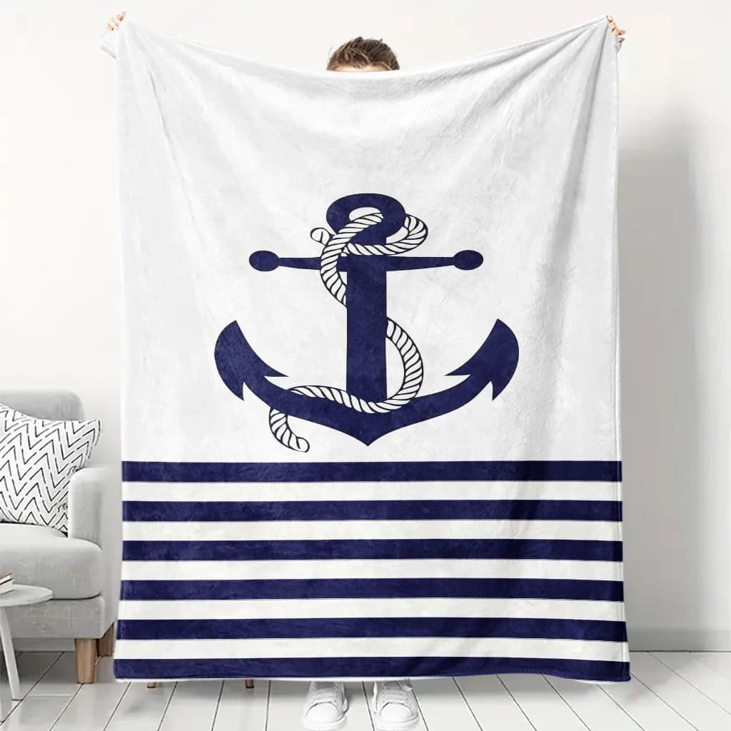 Simple Navy Anchor Rope Horizontal Stripe Marine Pattern Flannel Throw Blanket, Warm Cozy Blanket, Nautical Coastal Room Gift
