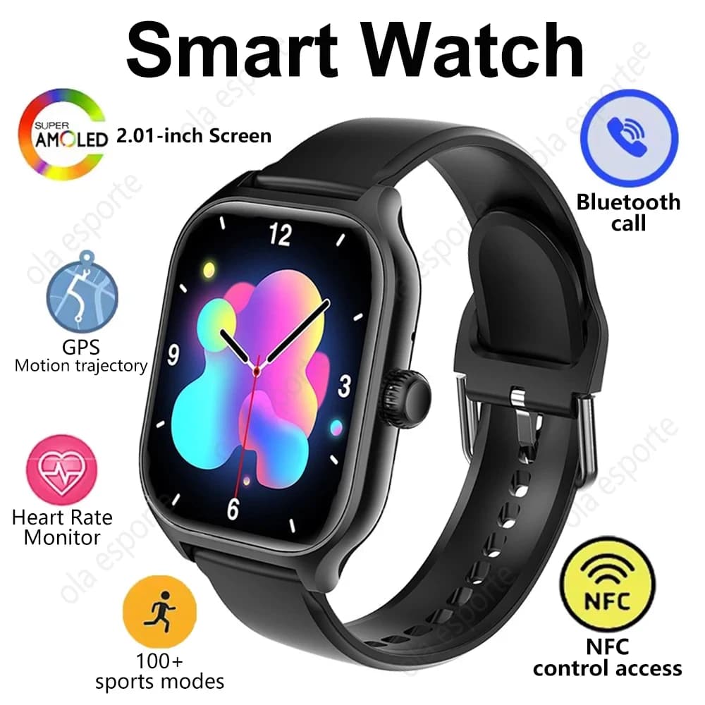 Smart Watch GPS NFC Uomo Donna Monitoraggio della salute Orologi sportivi Schermo AMOLED da 2.01 pollici Chiamata Bluetooth Smartwatch IP68 Impermeabile