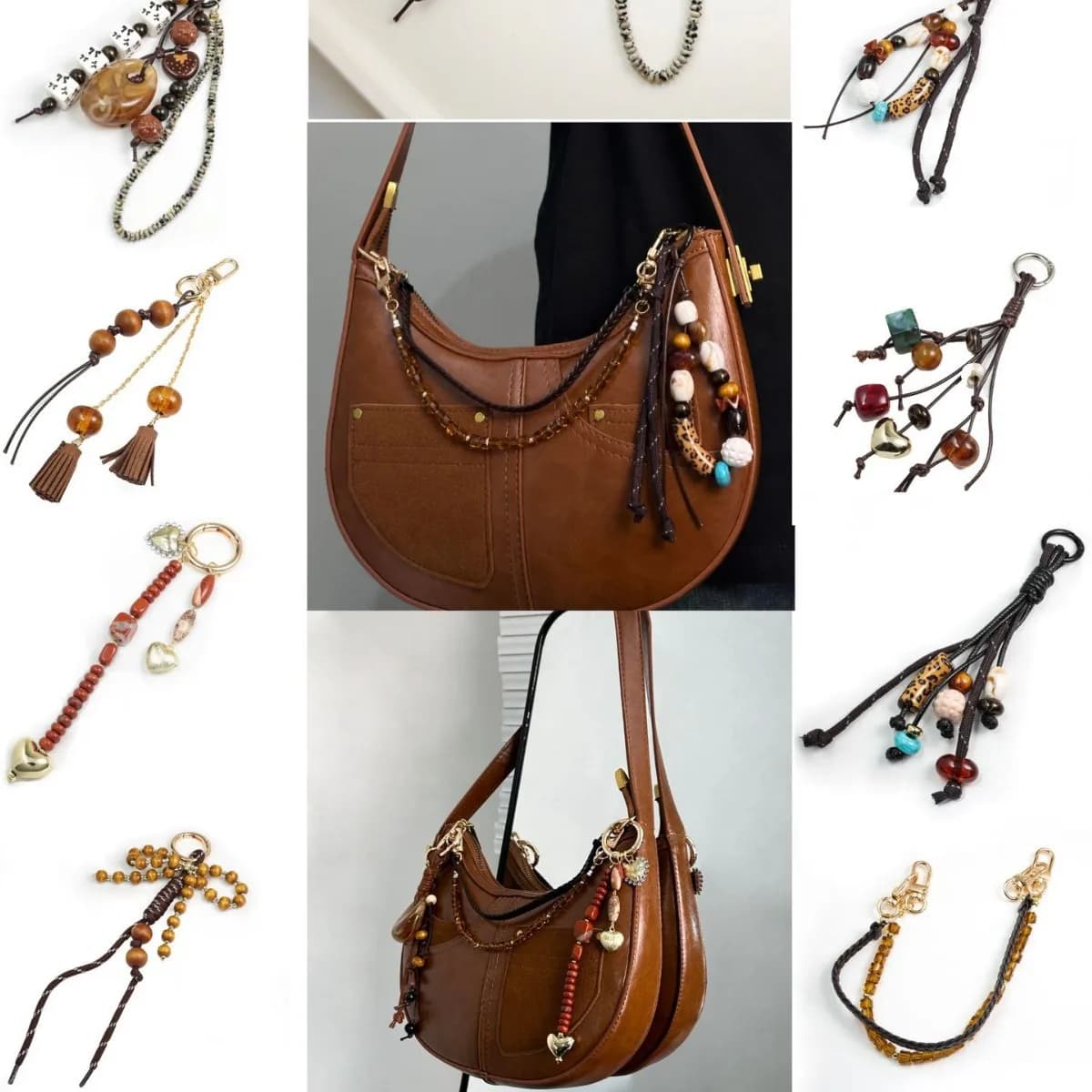 Handmade Woven Bag Pendant With Natural Tiger Eye And Agate Stones DIY Accessories For Wallet Bag Decoration