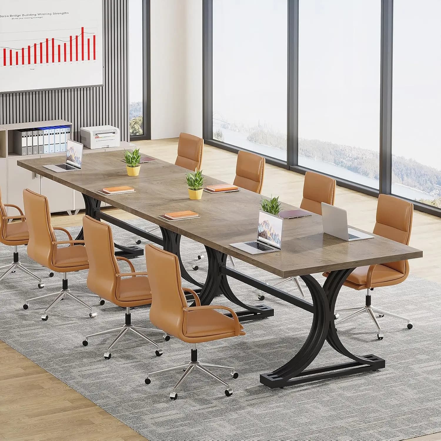 Tavolo da Conferenza 10.5FT Moderno per Sala Riunioni, Scrivania per 8-10 Persone, Gambe in Metallo Eleganti, per Ufficio e Sala Seminari, Grigio Nero, Personalizzabile
