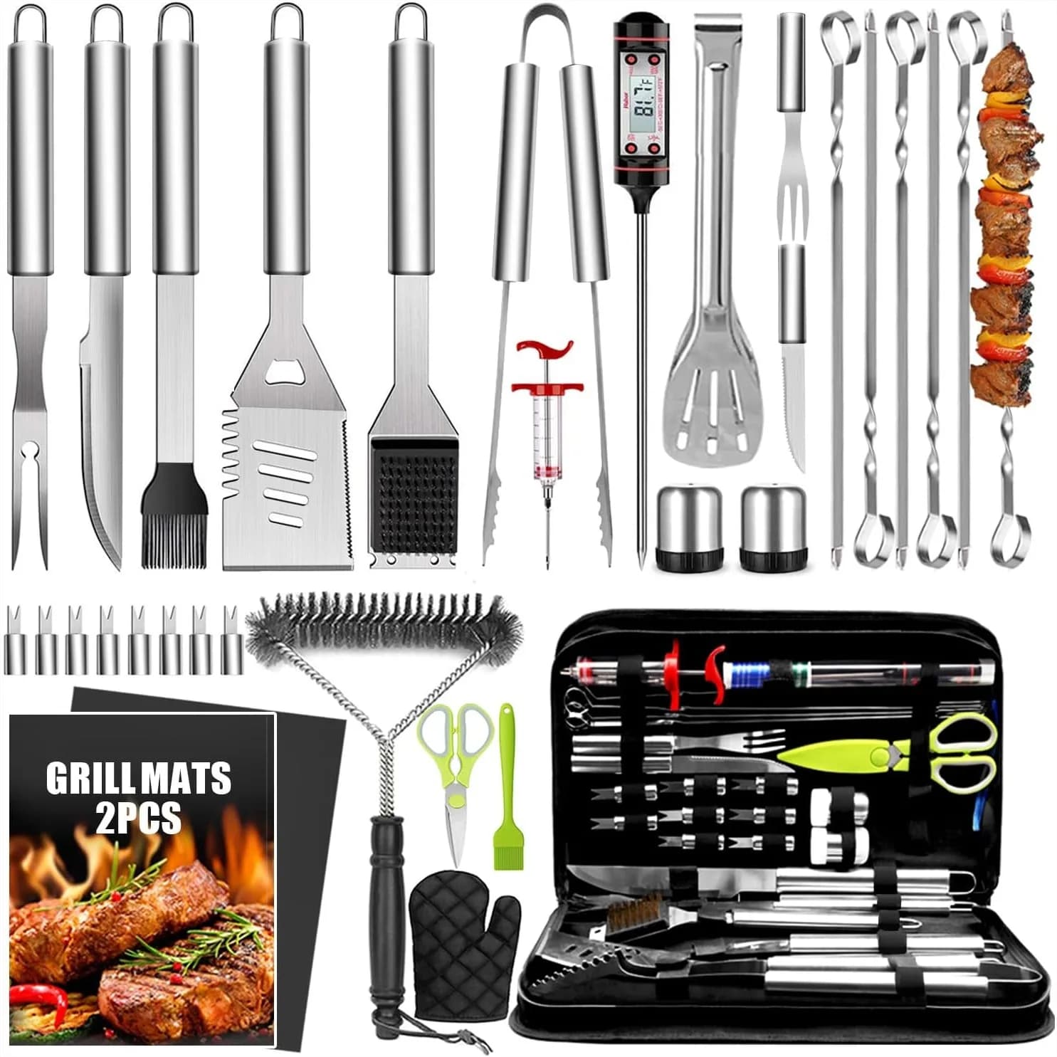 Set di 34 Accessori per Barbecue, Utensili in Acciaio Inox da 16 Pollici con Termometro, Tappetini per Griglia da Giardino