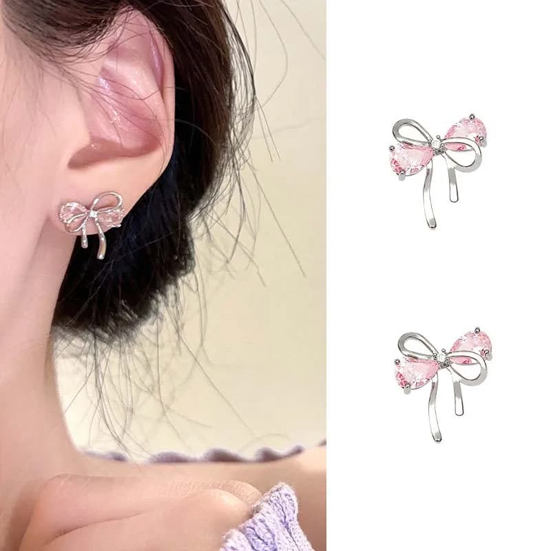 1 paio di orecchini a bottone con fiocco dolce e carino per le donne, orecchini a nastro con zirconi rosa coreani, regali semplici e minimalisti per gioielli penetranti all'orecchio