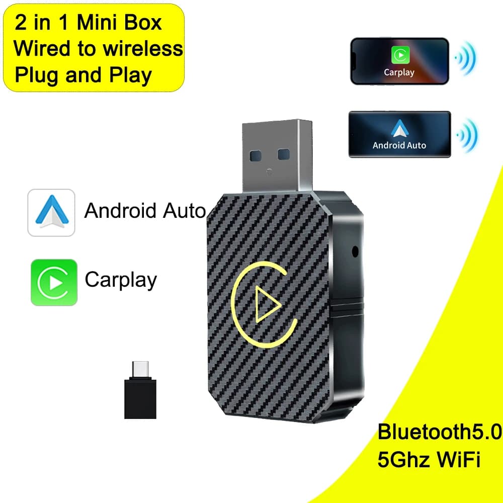 2in1 Wireless CarPlay Android Adapter Wireless Adapter 5Ghz WiFi Type-C/USB Plug & Play Carplay Wireless Adapter Auto Connect
