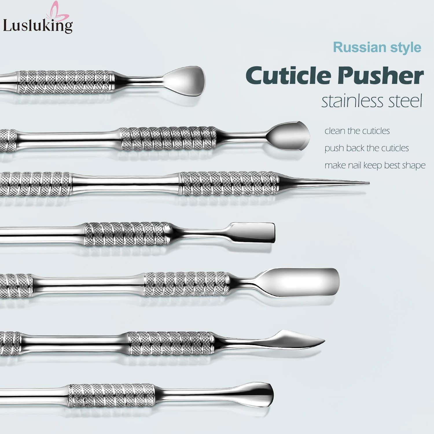 Spingipelle professionale per manicure in acciaio inossidabile con manico strutturato Spinta a doppio lato per cuticole Rimuovi lo smalto gel per unghie