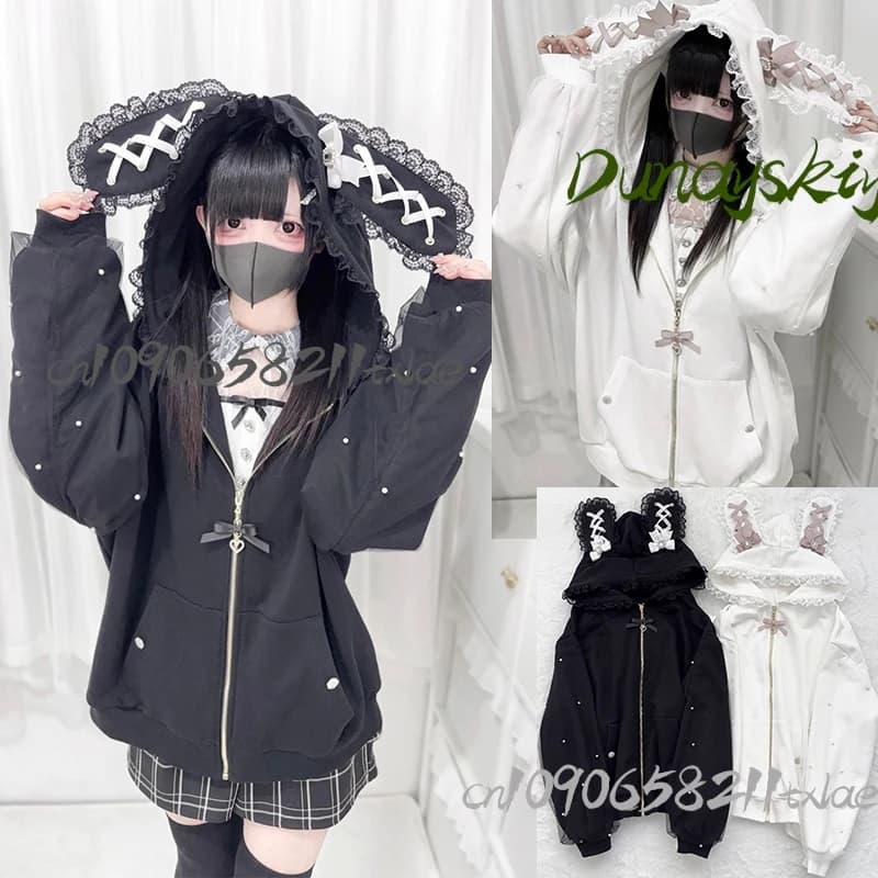 Y2K Hoodie Lolita Rabbit Ear Hoodie Bow Jacket Girls Pearl JK Japan Kawaii zippered sweatshirt Lace Top long sleeves