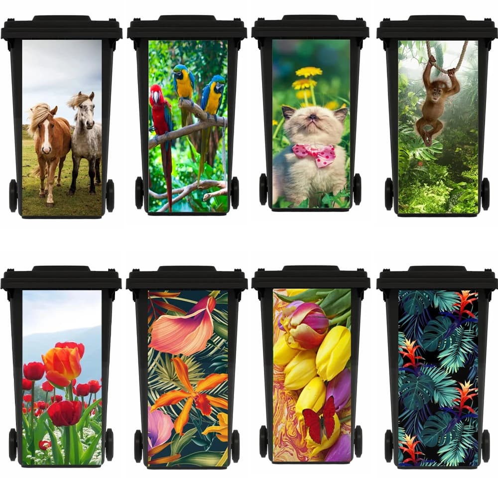 Divertente gatto grande cestino adesivo esterno pattumiera decorazione carta da parati autoadesivo PVC floreale decalcomania bidone della spazzatura adesivo fiore