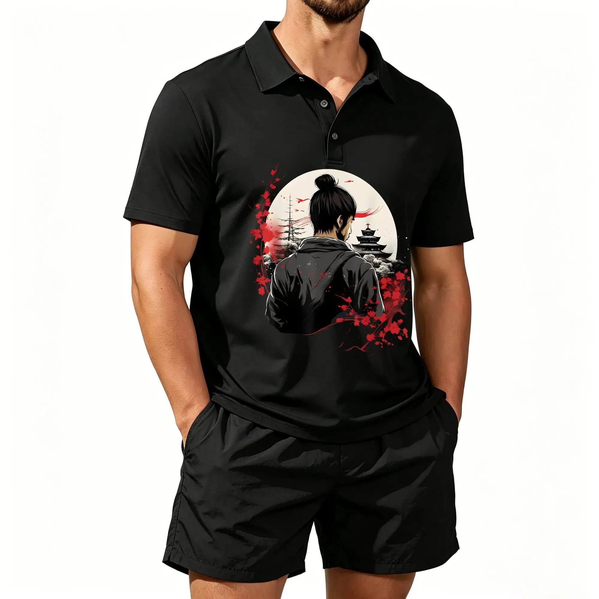 Men's Polo Shirt and Beach Shorts Set, Japanese Traditional Woodworking and Art Gift Style, Casual and Comfortable Fit