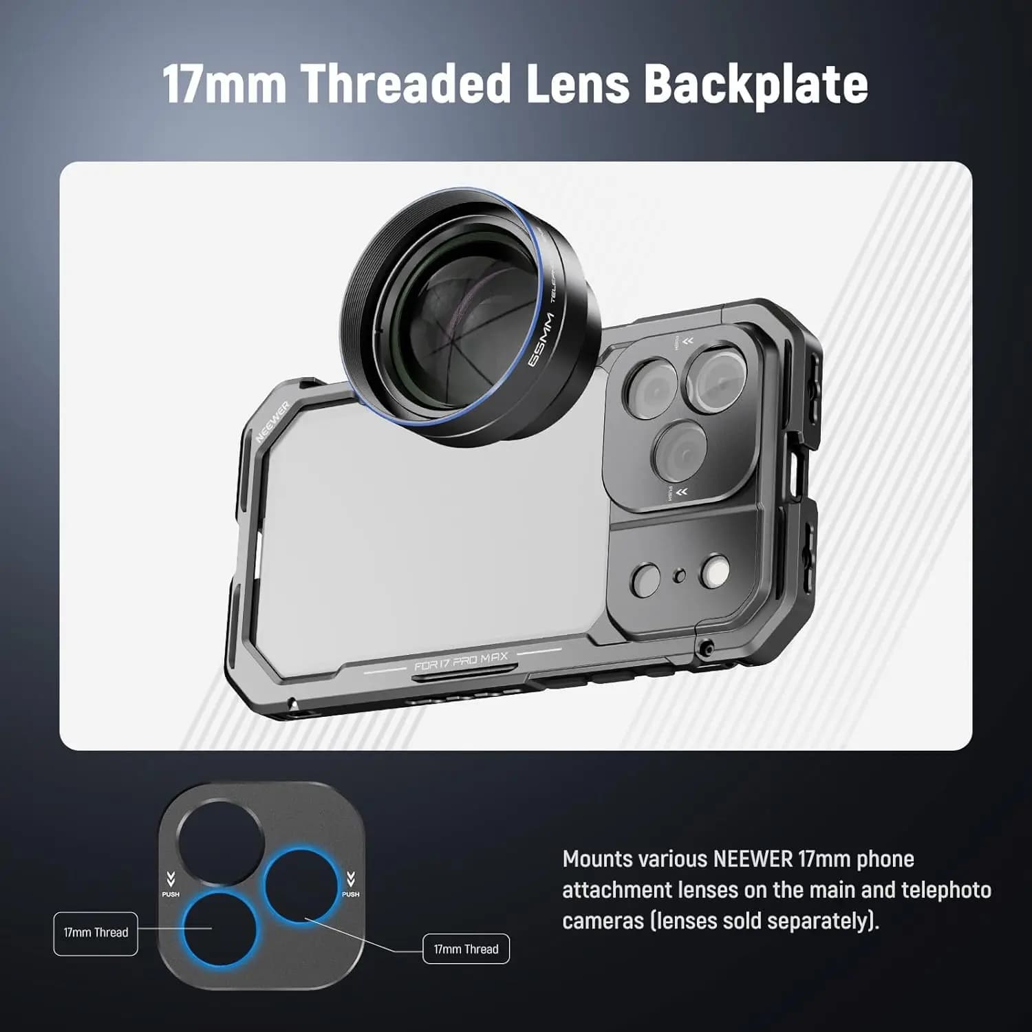 NEEWER phone cage for iPhone 17 Pro/Pro Max Quick release camera stabilizer with 67 mm filter ring accessory