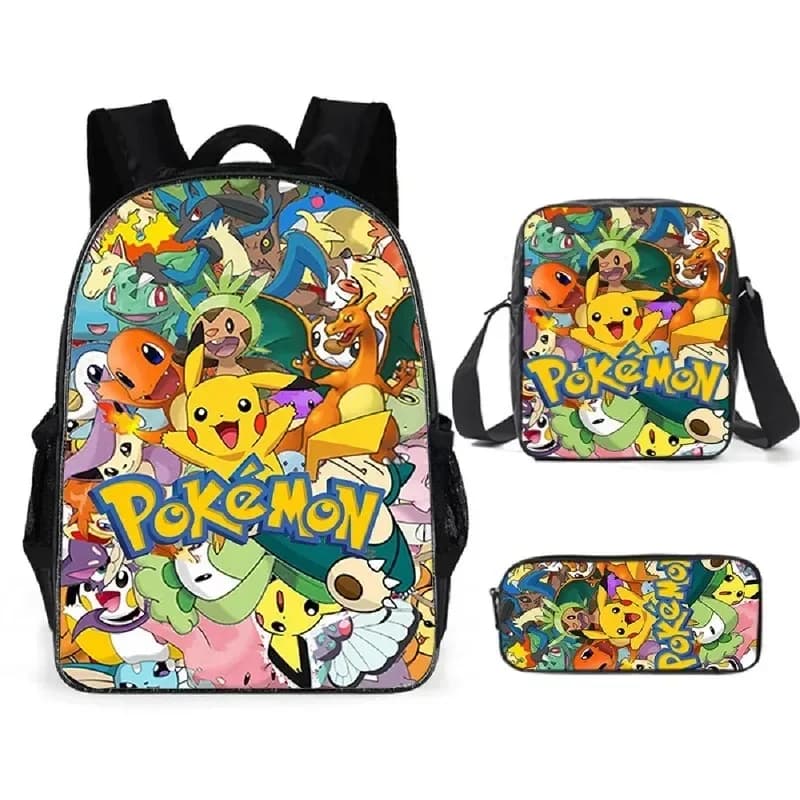 Set di 3 Zaini Scolastici Pikachu in Poliestere, Comodi e Leggeri per Studenti e Bambini