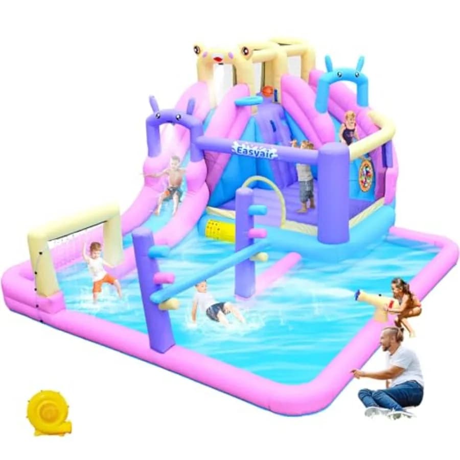 Scivolo acquatico gonfiabile combinato per giardino: in PVC blu/rosso, include parete da arrampicata, canestro da basket, piscina con spruzzi e soffiatore.