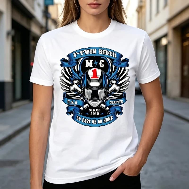 V Twin Motorcycle Rider Emblem Helmet Wing Badge Graphic T Shirt Number One Biker Helmet Crossbone Wing Banner Print Tee Unisex
