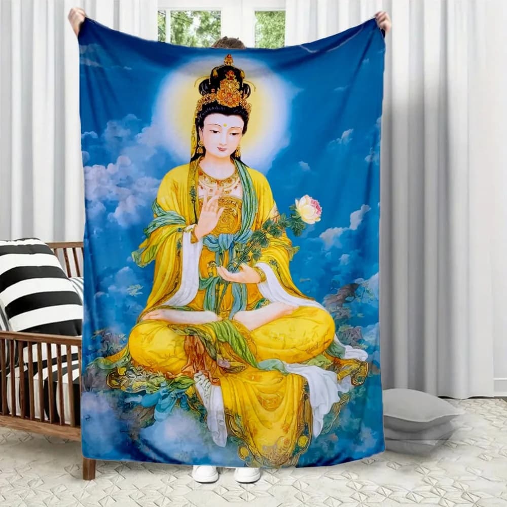 image of Guanyin Bodhisattva Flannel printed blanket suitable for all seasons suitable for living room office sofa and travel