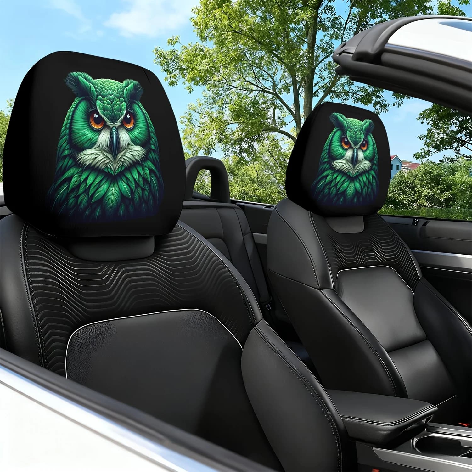 2 car headrest cover with night owl print with green feathers, not padded, fashionable and comfortable, headrest protection for vehicle seats