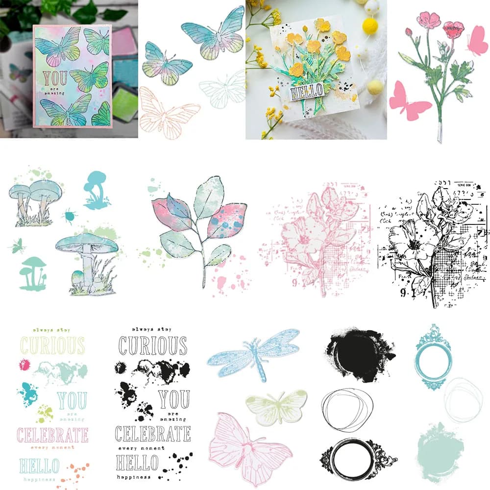 Painted Pencil Mushroom Flower Leaves Stamps and Cutting Dies Butterflies Sentiments Stamp Set For Scrapbooking Cards Making New