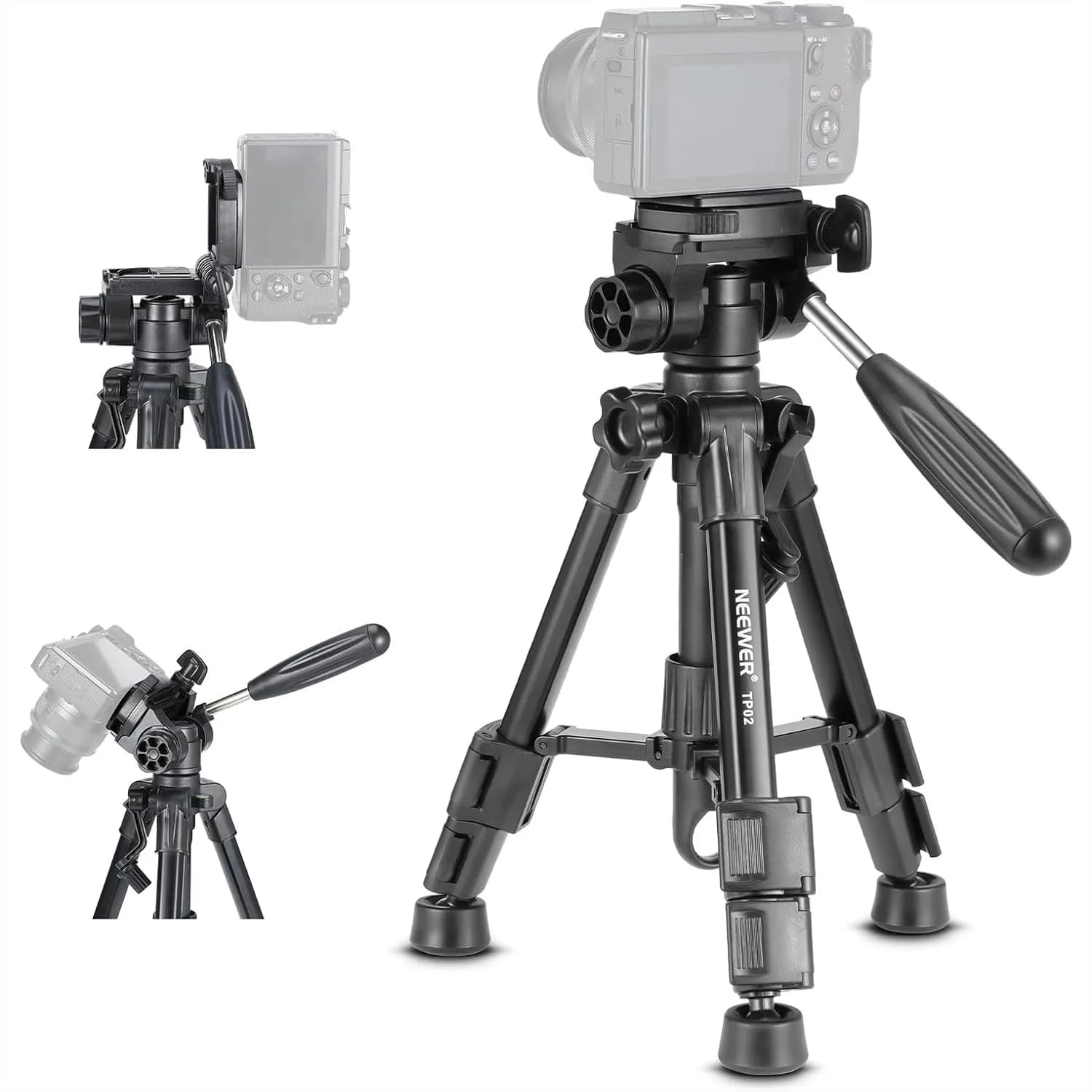Mini Treppiede da Tavolo per Fotocamera con Testa Pan-Tilt a 3 Vie e Impugnatura, Supporto Portatile in Metallo con Vite da 1/4" per DSLR e Vlog
