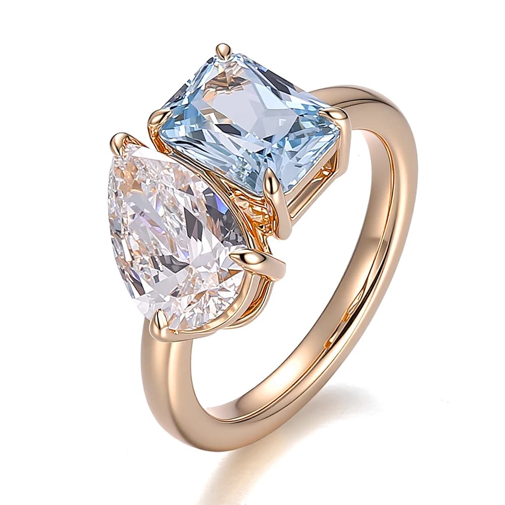 Moissanite brillante con taglio a pera provenzale e set di punte acquamarina con taglio radiante Anello di fidanzamento da donna con due pietre in oro giallo massiccio 14 carati