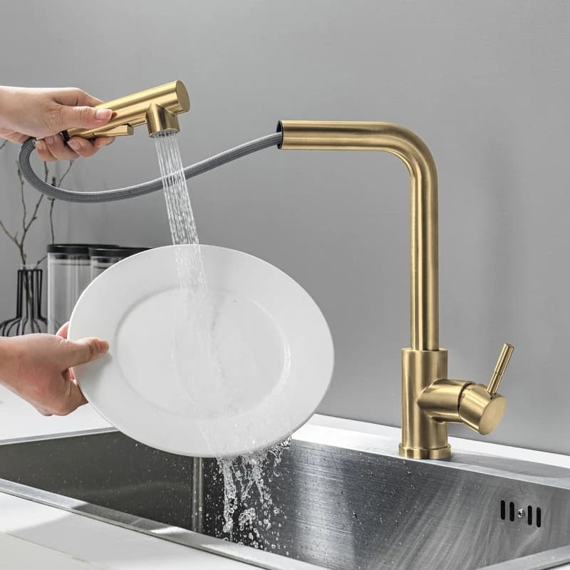 Rubinetto da Cucina Estraibile in Acciaio Inox Spazzolato Oro 360° ° Rubinetto miscelatore girevole estraibile per lavello, con getto a spruzzo, per acqua calda e fredda, a risparmio idrico