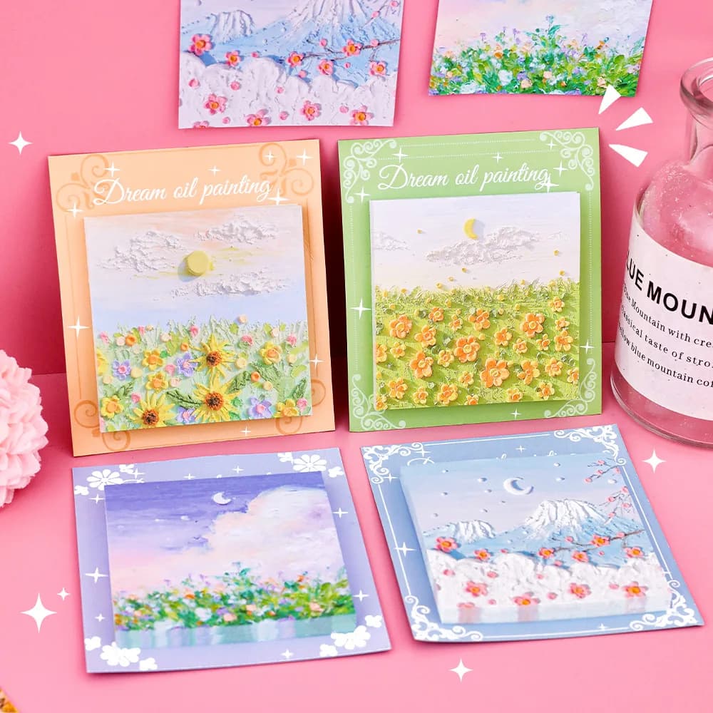 Set di 5 Blocchetti Adesivi Decorativi con Dipinti a Olio, Memo Pad per Studenti, Adesivi con Paesaggi Riutilizzabili, Cancelleria per Bambini