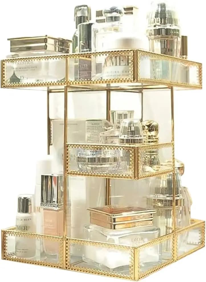 Organizzatore per Trucchi Girevole a 360 Gradi con Specchio, Espositore Cosmetico in Vetro Oro Antico per Pennelli, Rossetti e Prodotti Skincare
