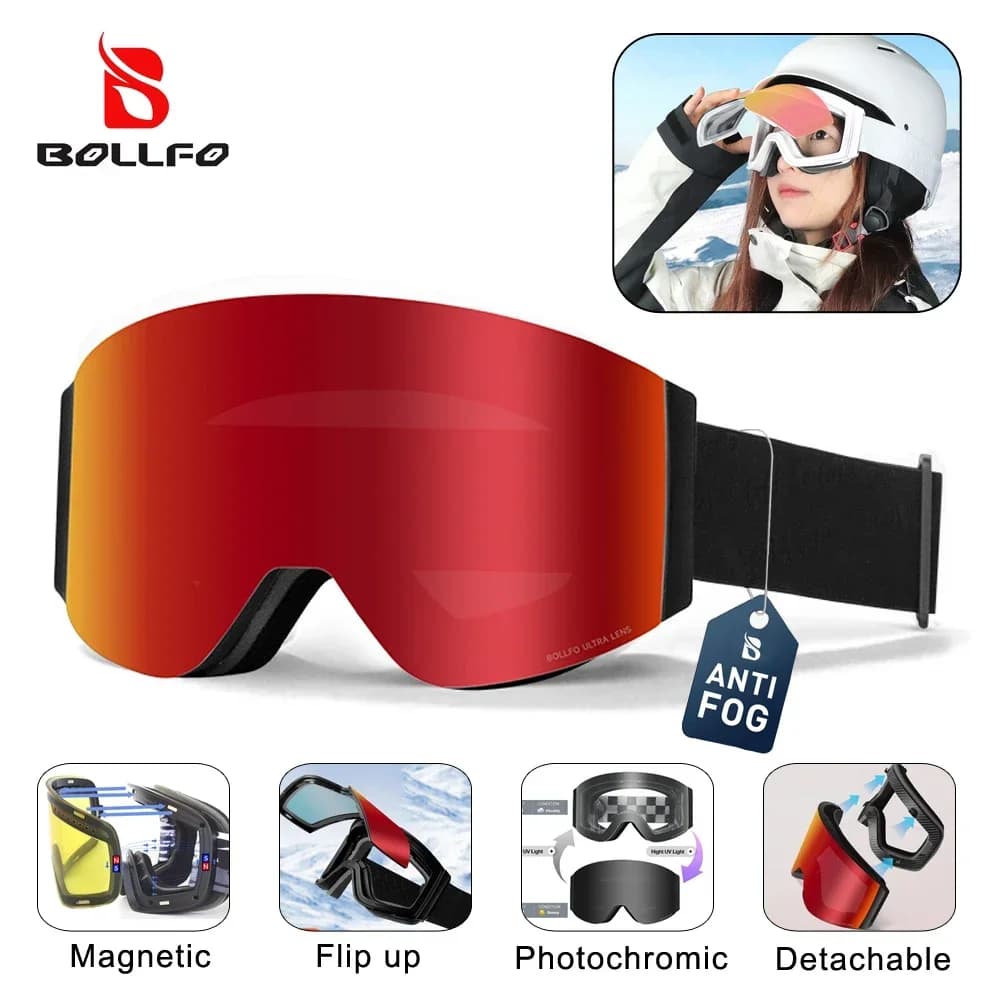 Occhiali da Sci e Snowboard Magnetici BOLLFO per Uomo e Donna, Occhiali Fotocromatici per Snowboard, Antiappannamento OTG con Lenti Ribaltabili
