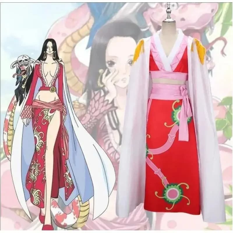 Costume cosplay Anime Boa Hancock, elegante abito kimono rosso con orecchini, abito di Halloween per donna