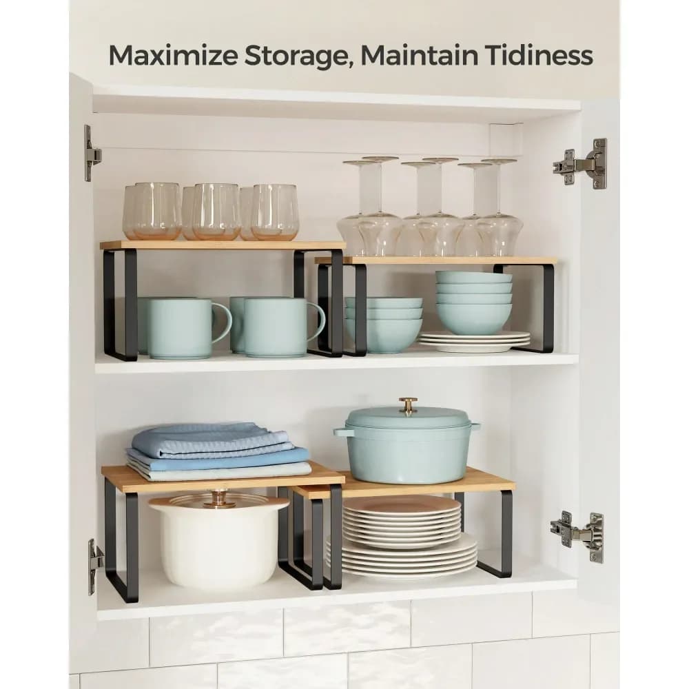 Set di 4 Organizzatori per Armadi, Mensole da Cucina, Porta Spezie, Impilabili, Espandibili, in Metallo e Legno