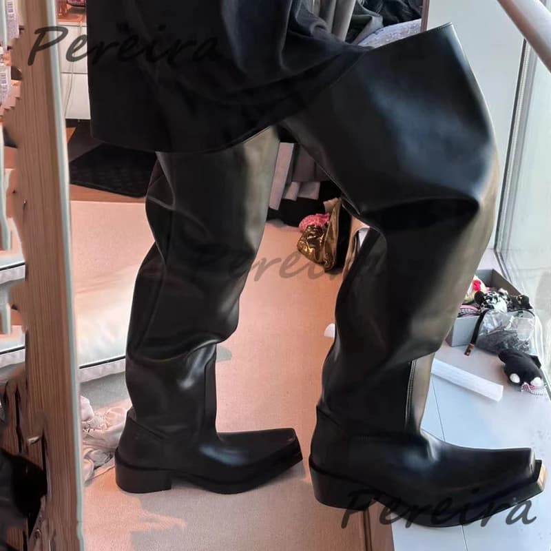 Stivali sopra il ginocchio con suola spessa per uomo Donna Stivali da cavaliere slip-on con punta quadrata in pelle nera Stivali corti moda autunno inverno