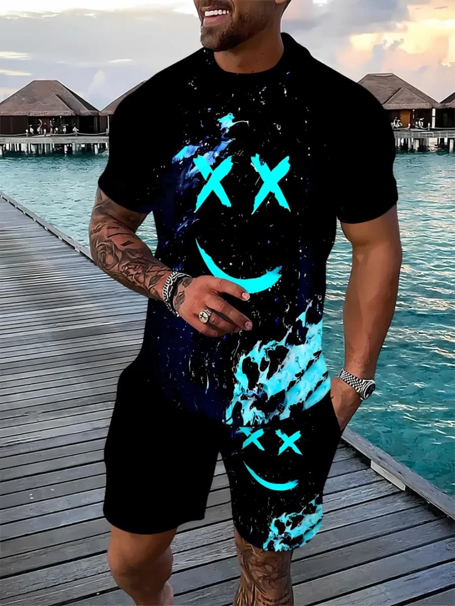 T-shirt da uomo estiva con motivo stampato a fumetti, set di pantaloncini a maniche corte in poliestere leggero e traspirante