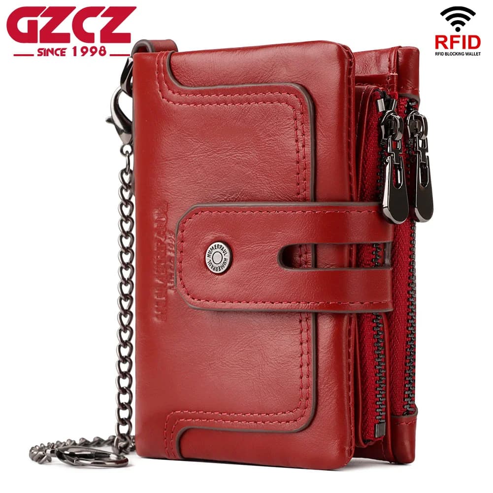 Portafoglio da donna in vera pelle con tasca portamonete con cerniera RFID Porta carte di credito multifunzione corto femminile Borse per soldi alla moda Rosso
