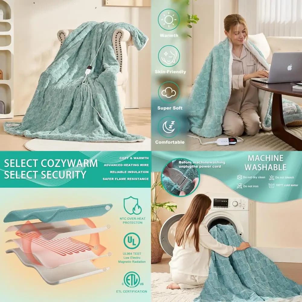 Coperta riscaldata a 6 livelli con spegnimento automatico di 10 ore, morbida flanella, riscaldamento rapido, certificato ETL e FCC, verde, 90x100