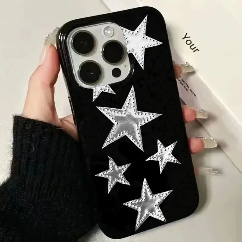 Glossy Black & Silver Five-Star Pattern Phone Case For iPhone 16 15 14 13 12 11 Pro Max 7 8 Plus XR XS Max SE 2020 Silicone Case