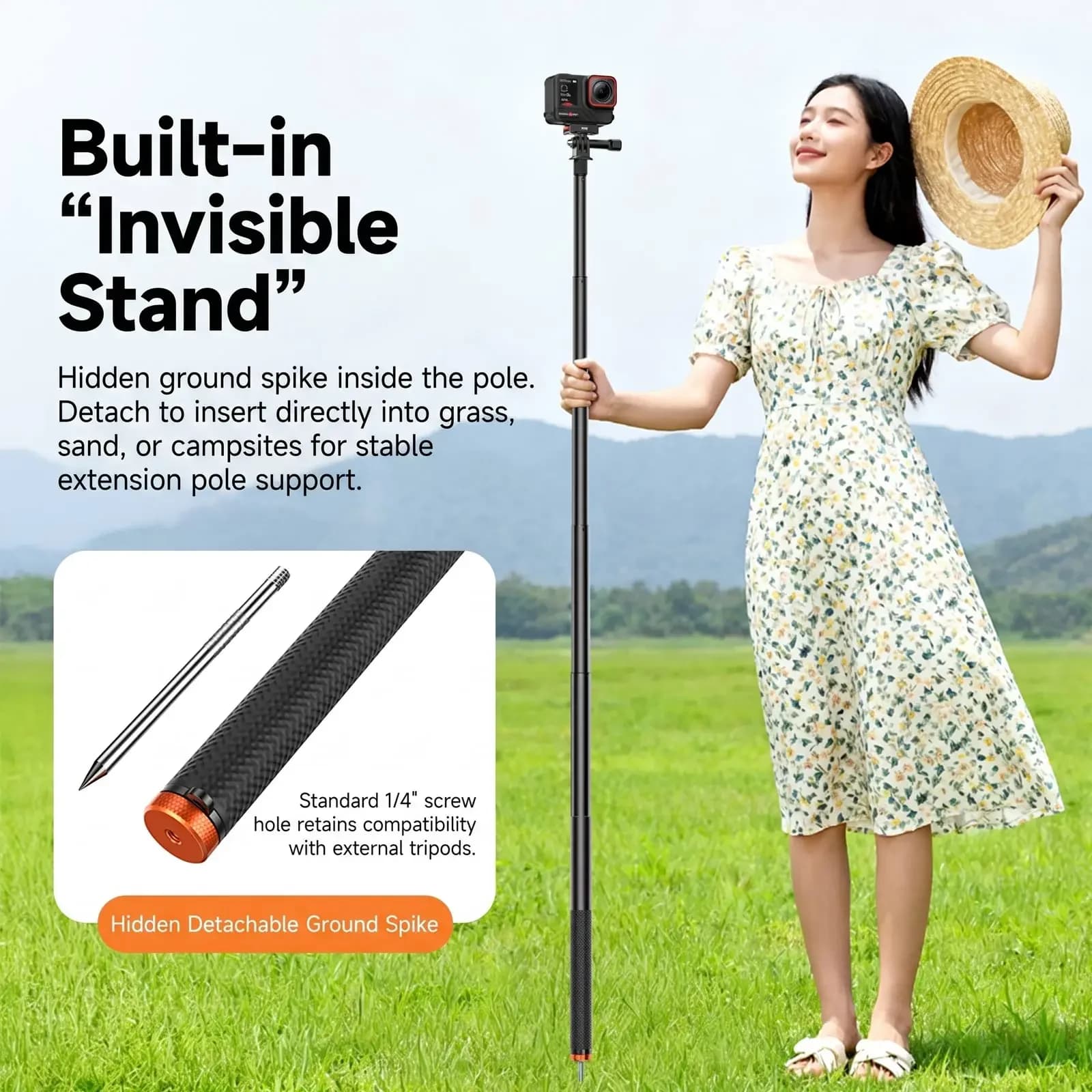 160cm/63" Golf Invisible Selfie Stick for Insta360 X5/ X4 Air/Osmo 360 Camera Telescopic Extension Pole with GoPro Adapter