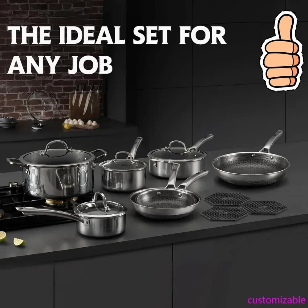 NEW New set of non-stick pans and pans, set of 14-piece stainless steel hybrid pots, non-stick pans, pots, pans