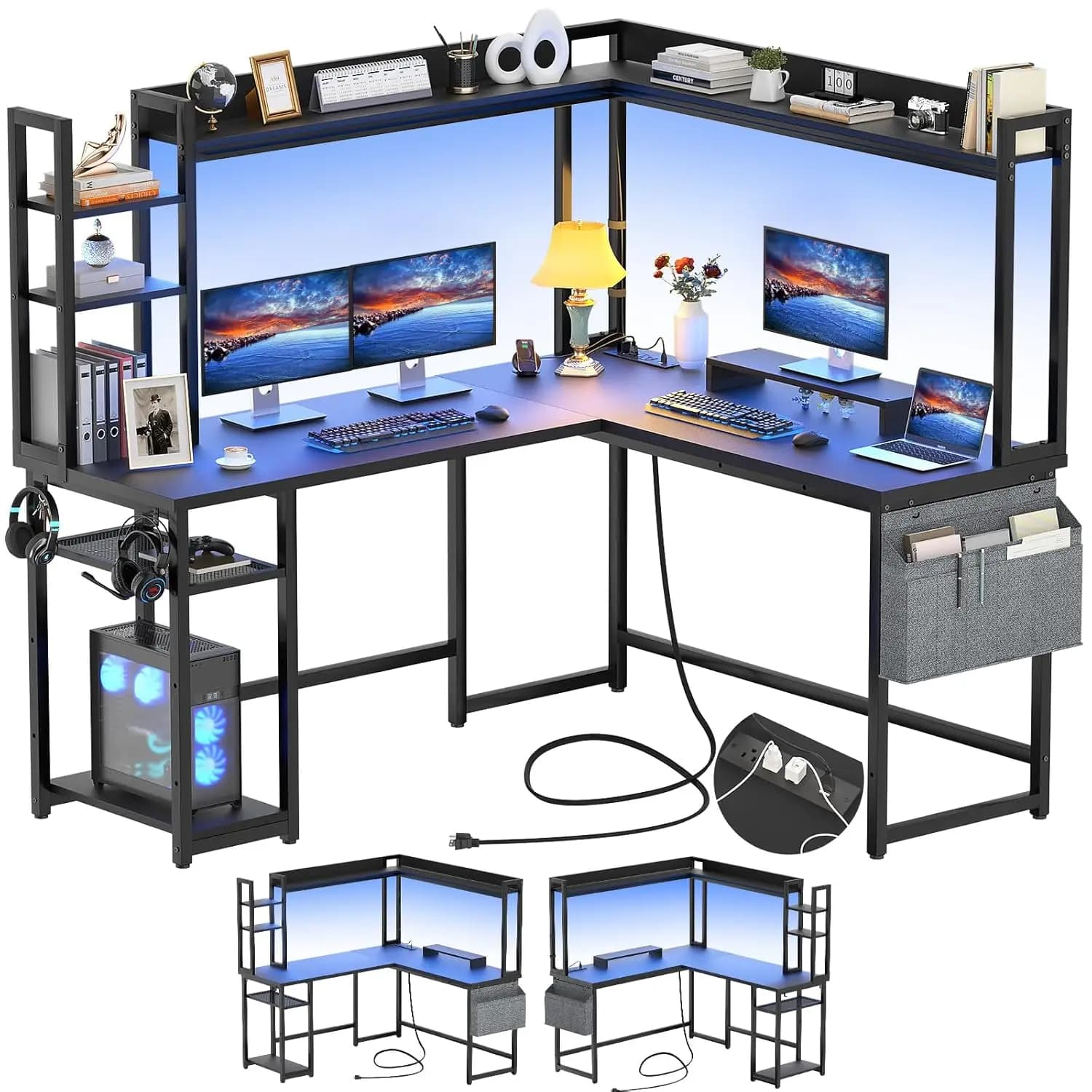 Scrivania a L con Presa di Corrente, LED, Supporto Monitor Angolare Reversibile, Ripiani Portaoggetti, Nera, Personalizzabile