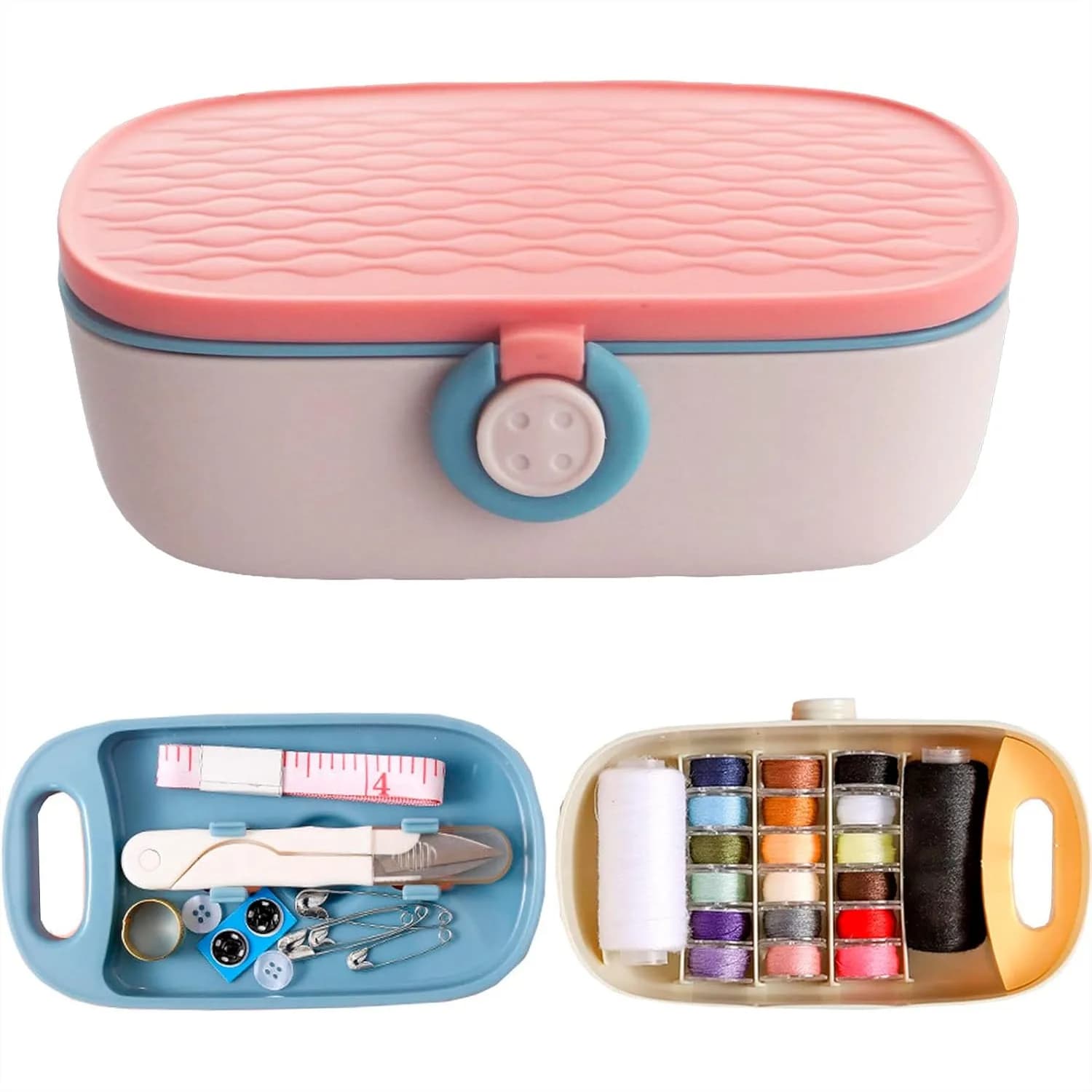 Kit da Cucito Portatile con Doppio Scomparto, 18 Piccoli Rotoli di Filo, Aghi e Accessori per Viaggi e Uso Domestico, Rosa