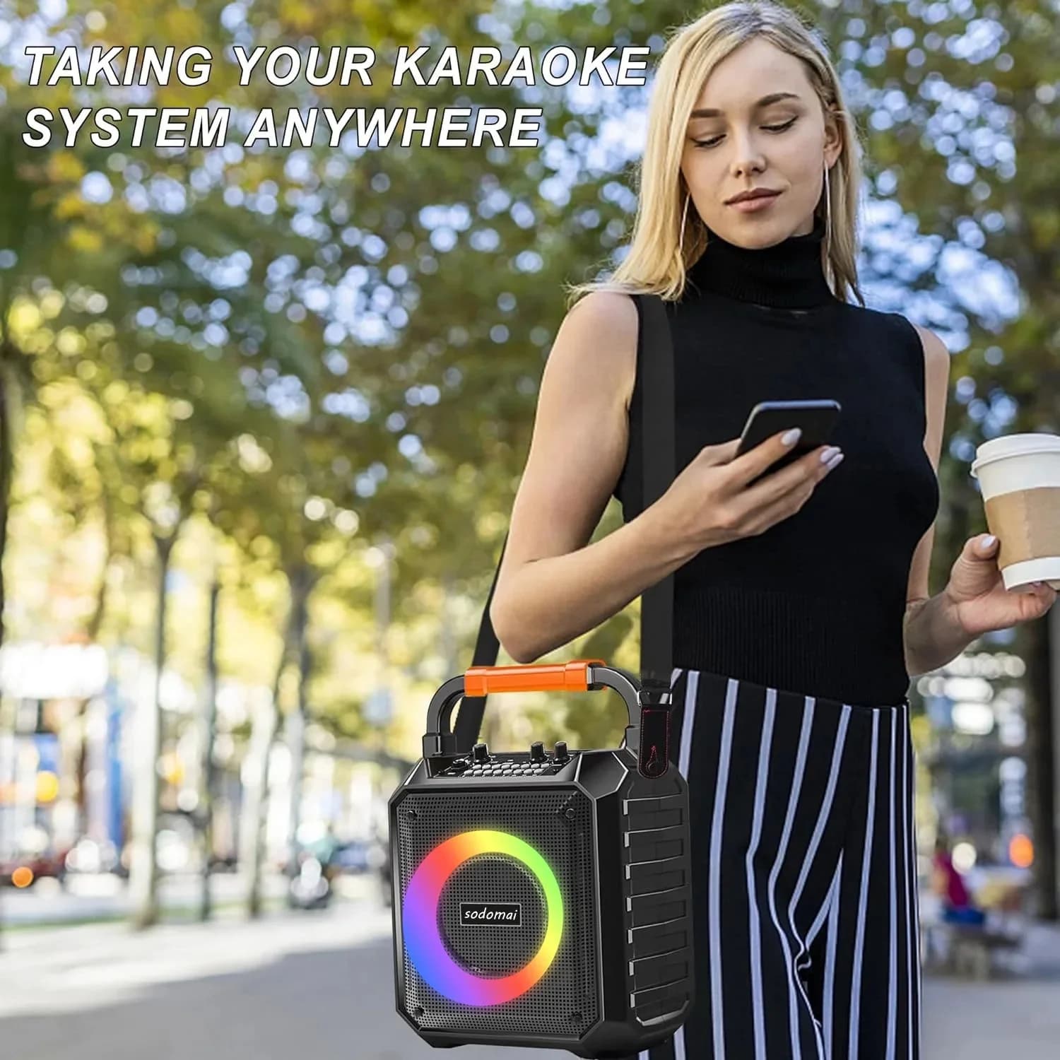 Macchina per karaoke Bluetooth per adulti e bambini con 2 microfoni wireless. Luci colorate, mini altoparlante portatile per macchina da canto