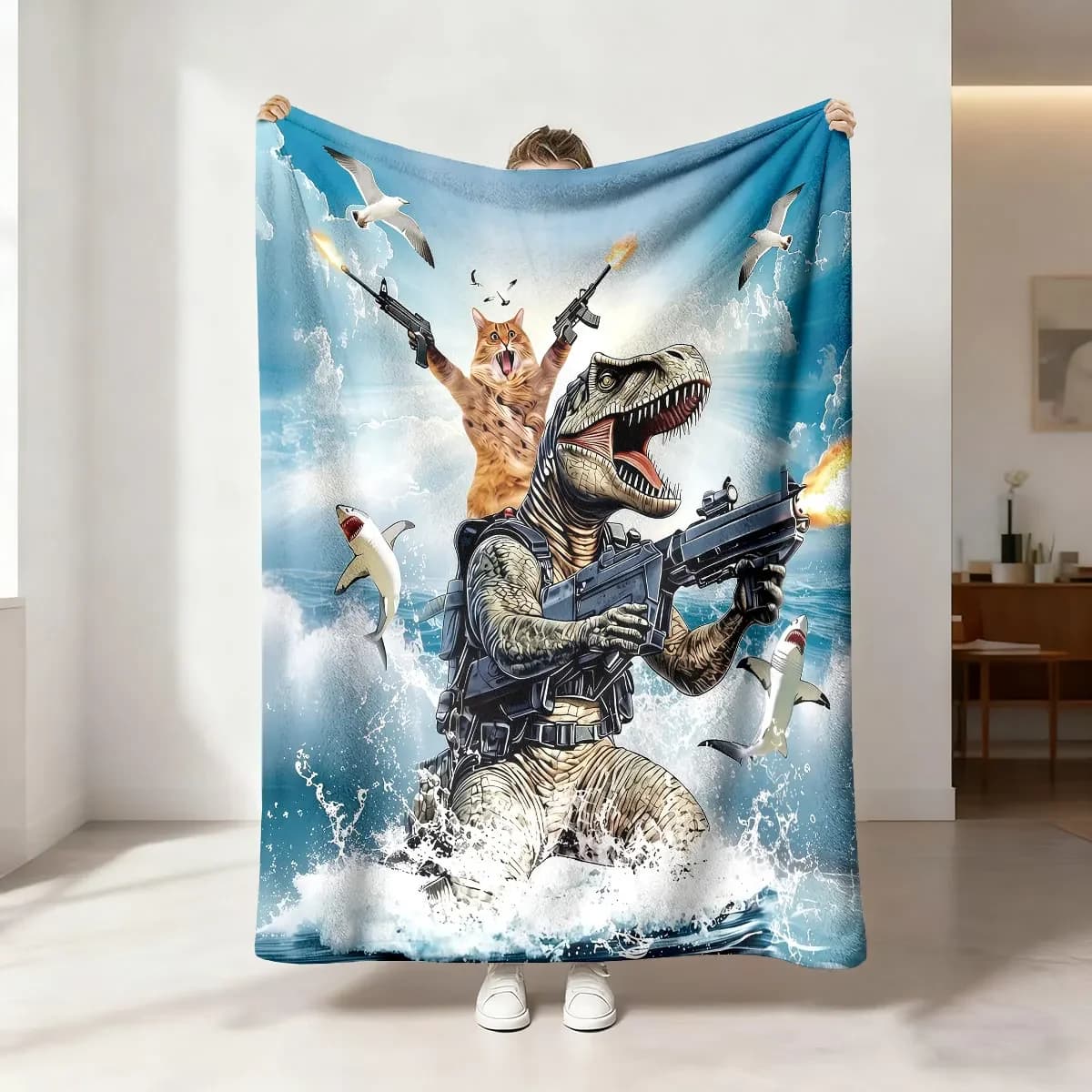 Dinosaur Shark Attack Funny Pop Culture Movie Scene Throw Blanket for Gifts 150x200cm