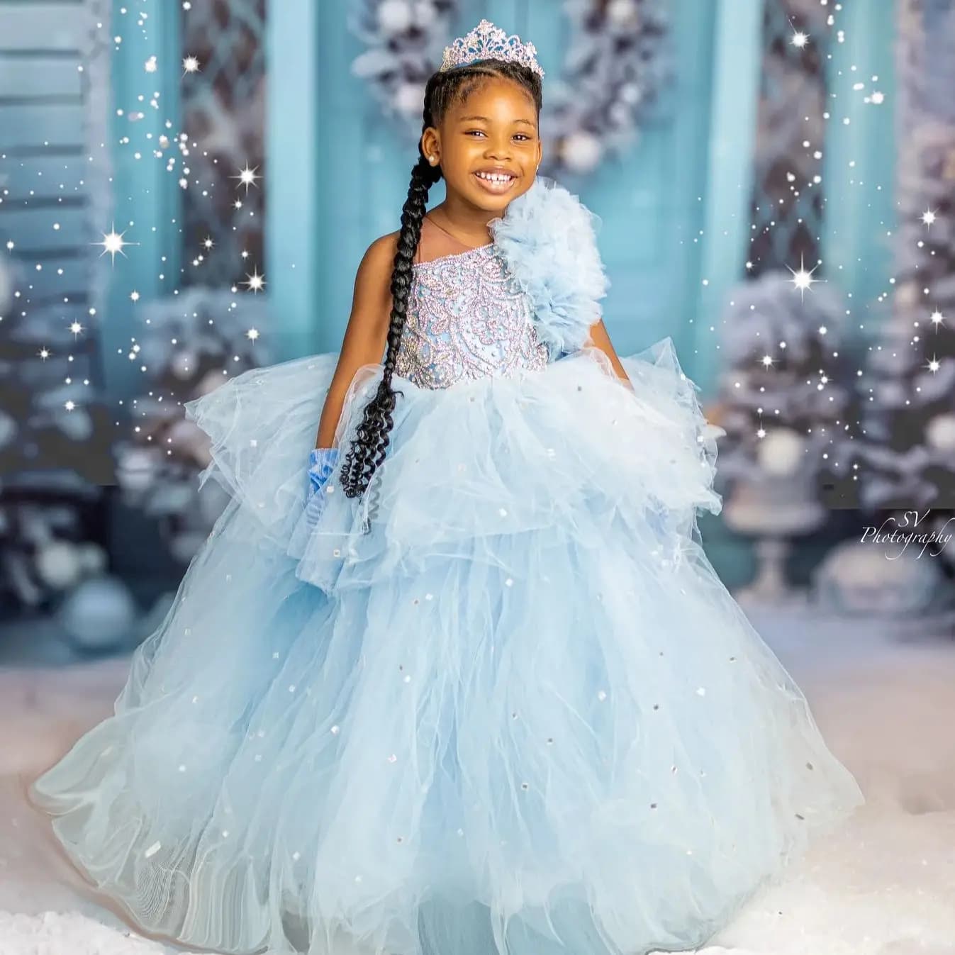 Abito da spettacolo per ragazza congelata azzurro cielo Abiti da ragazza di fiore personalizzati Abiti da principessa con perline per bambini Abiti da compleanno per feste per bambini