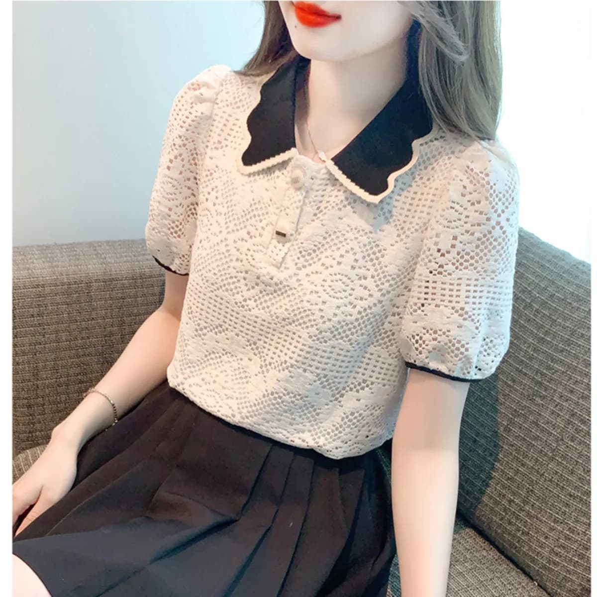 2025 Summer New Solid Lace Women's Shirt Blouse Korean Fashion Doll Collar Short Puff Sleeved Temperament Blusa Female Tops