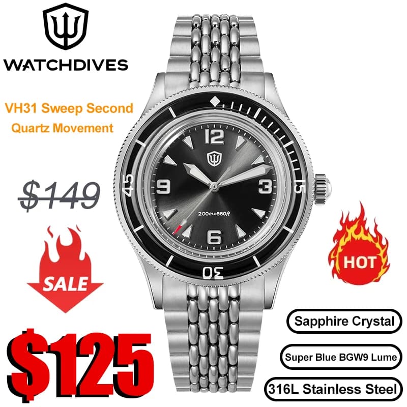 Watchdives WD50Q Watches VH31 Quartz Movement BGW9 Luminous Watches 200m Waterproof Sapphire Stainless Steel 38mm Men Watches