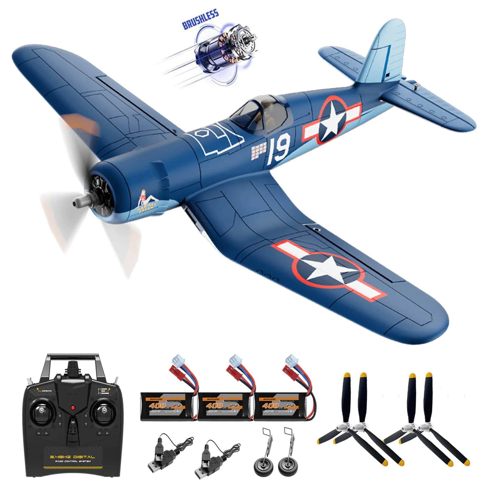 Volantexrc RC Corsair Brushless 500mm F4U for Adults, RC RTF 4-channel Aircraft Updated, Acrobazic with One Key, Ideal for Open Gift
