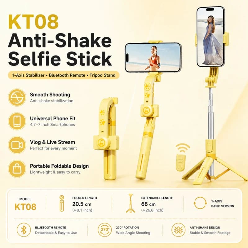 KT08 Anti-Shake Selfie Stick Stabilizer, Universal Phone Single-Axis Gimbal Stand, Portable Smartphone Holder for Live Streaming