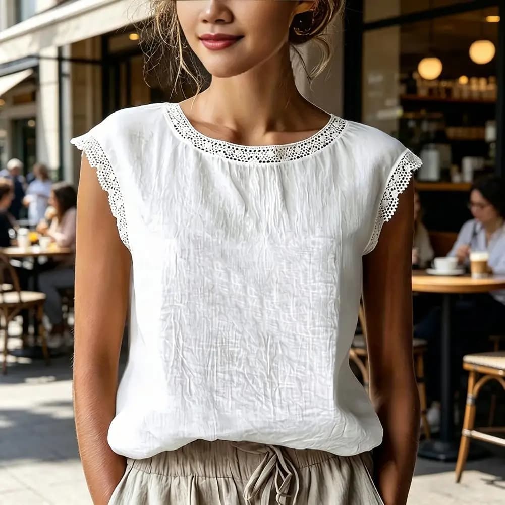 Soft Fabric Women Shirt Women’s Round Neck Tops Loose Fit Summer Vests Pure Color Lace Splicing Pullover Blouses for Wear