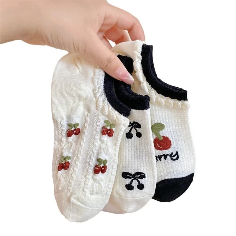 3 pairs of breathable women's socks with white cherry-red mesh lace design, cute and beautiful spring/summer style
