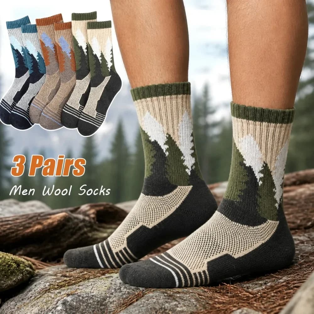 3 Pairs Mens Wool Winter Socks, Thick Warm Pine Tree Pattern Crew Boot Socks Thermal for Hiking Skiing Outdoor Cold Weather