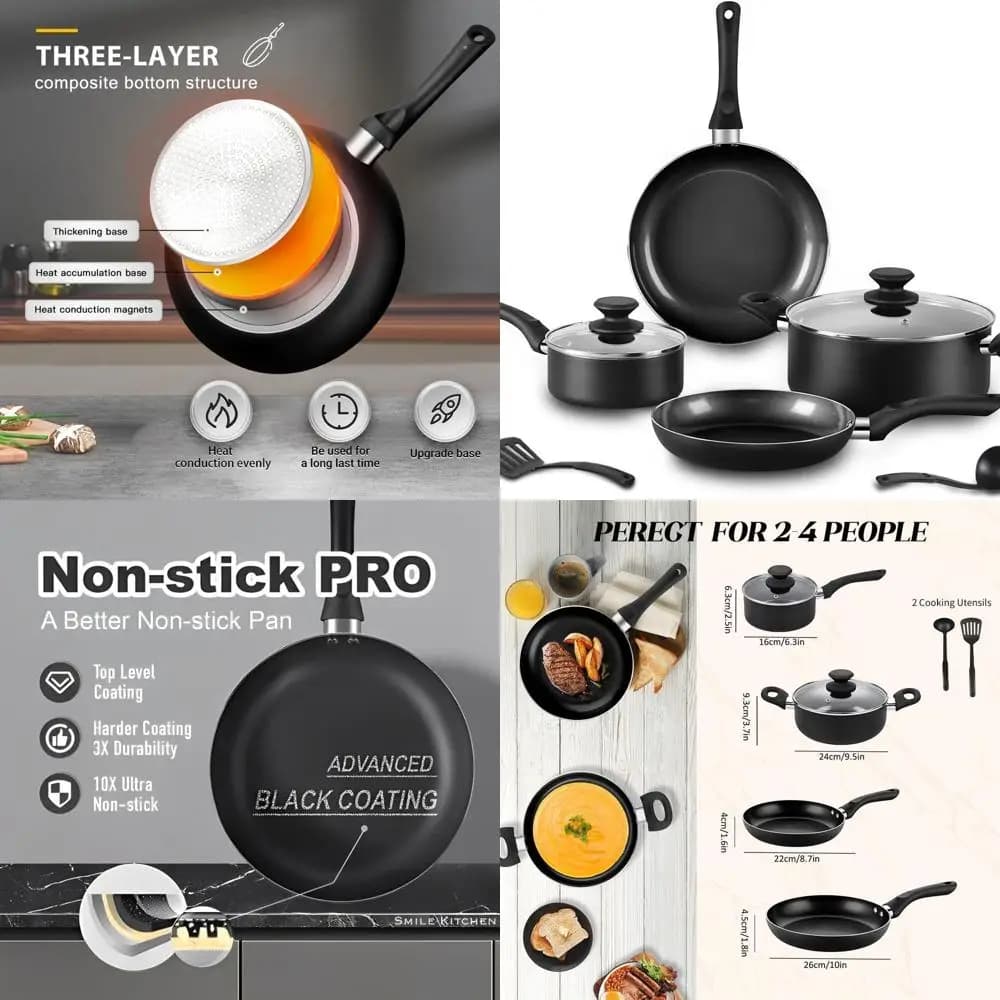 Set of 8-piece black ceramic pots: non-stick pans, pots, pans, pots and induction hob tools