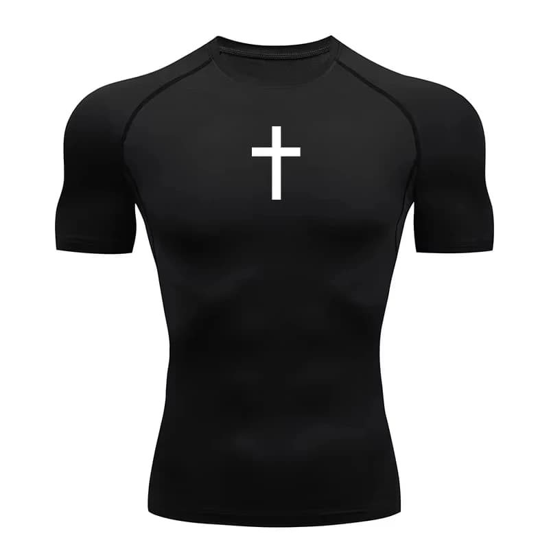 Cross Print Compression Shirt Mens Running T-Shirt Quick-Drying Fitness Sportswear Gym Sports Short Sleeve Training Shirt