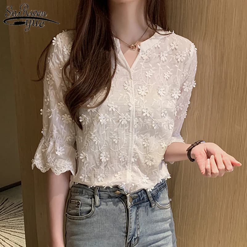 2023 elegante gancio fiore cavo camicetta di pizzo con scollo a v camicia bianca ricamata estiva moda mezza manica donna vestiti Blusas 9638