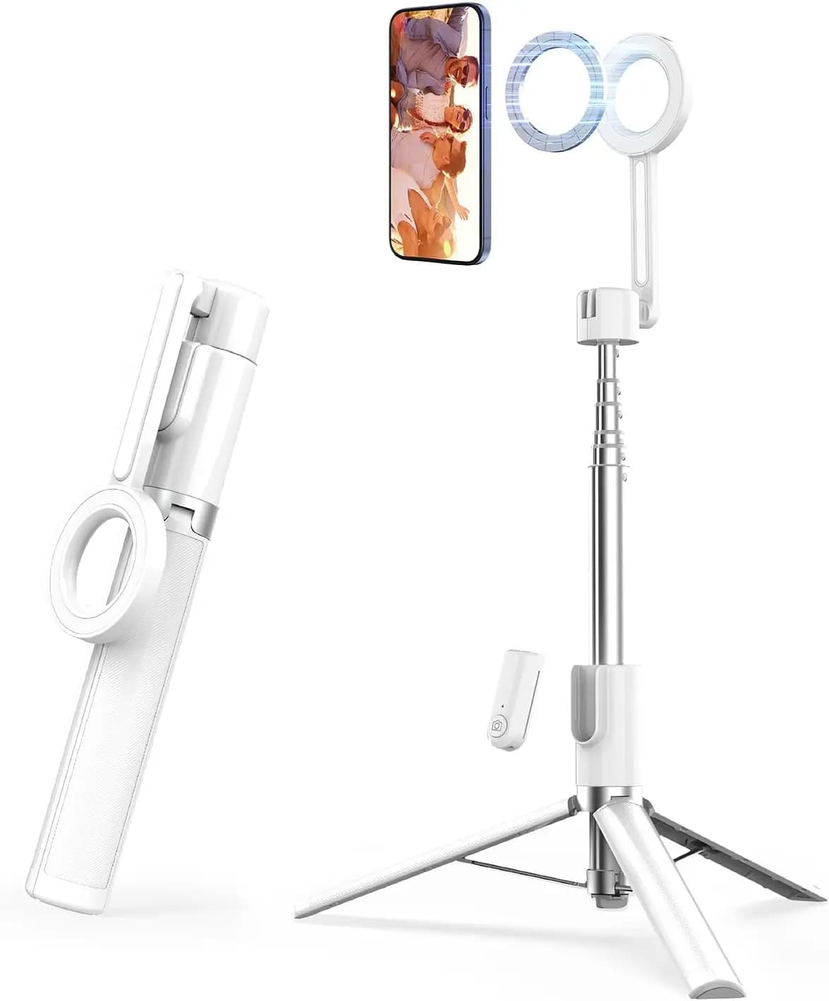 Treppiede Magnetico per Telefono iPhone 54 Pollici, Bastone Selfie con Telecomando e Anello Metallico, per Registrazione Video, Cellulare